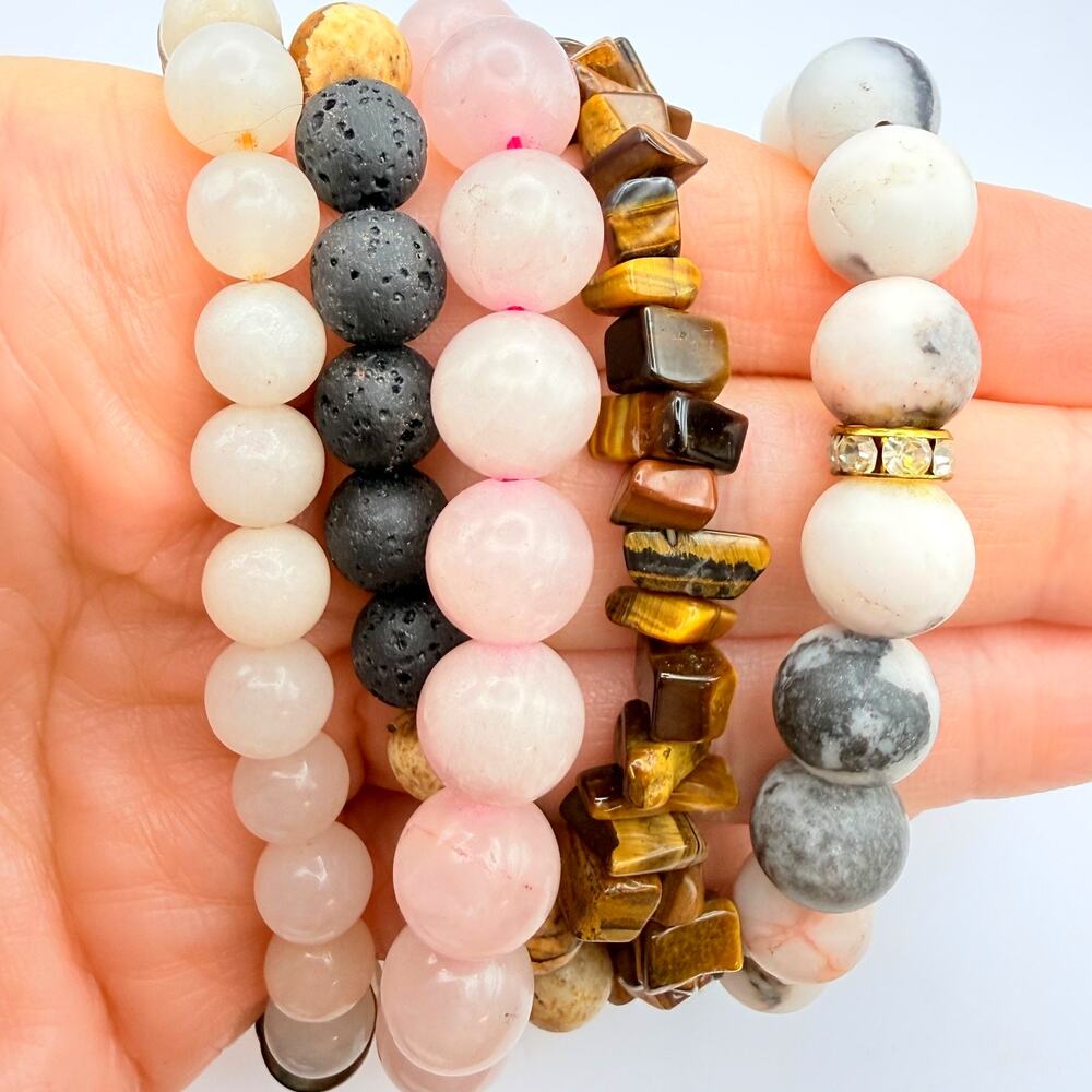 Set of 5 Natural Gemstone Stretch Bracelets Tiger Eye Rose Quartz Jasper CFC